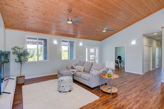 living room featuring high vaulted ceiling, dark hardwood / wood-style floors, wood ceiling, and ceiling fan