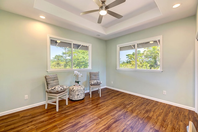 sitting room featuring a wealth of natural light, hardwood / wood-style flooring, and a tray ceiling