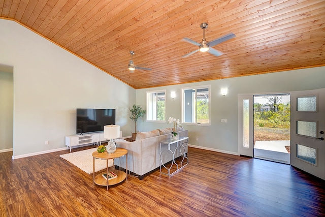 living room with wooden ceiling, high vaulted ceiling, wood-type flooring, and ceiling fan