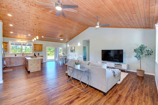 living room with ceiling fan, wood ceiling, and hardwood / wood-style floors