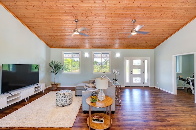 living room featuring ceiling fan, dark hardwood / wood-style flooring, and wood ceiling