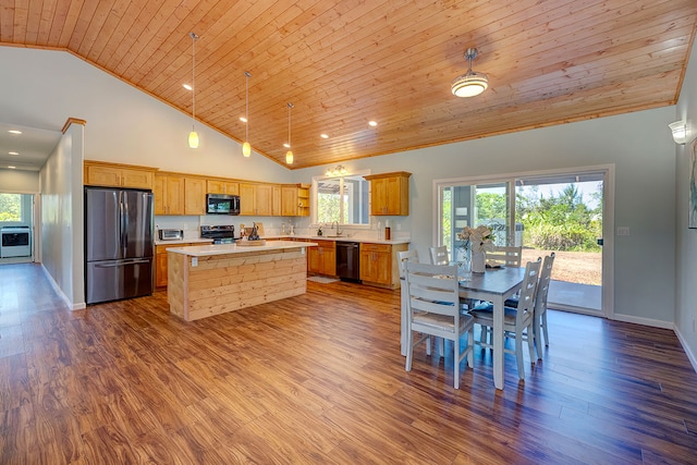 kitchen with dark hardwood / wood-style floors, appliances with stainless steel finishes, high vaulted ceiling, a kitchen island, and wooden ceiling