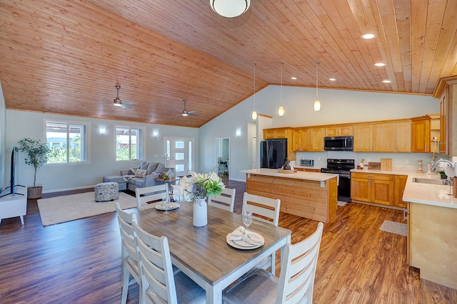 dining space featuring wood ceiling, ceiling fan, hardwood / wood-style floors, high vaulted ceiling, and sink