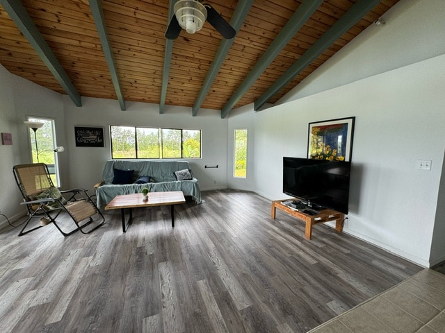 living room with beamed ceiling, dark hardwood / wood-style flooring, wood ceiling, and a wealth of natural light