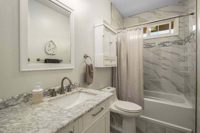 full bathroom with tile patterned flooring, shower / bath combo, toilet, and vanity