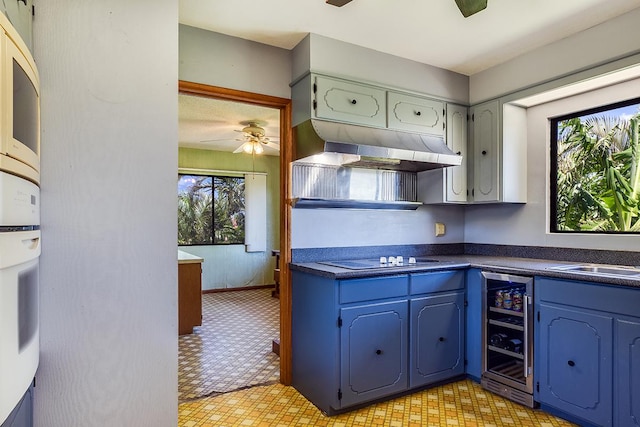 kitchen featuring extractor fan, electric cooktop, a wealth of natural light, ceiling fan, and beverage cooler