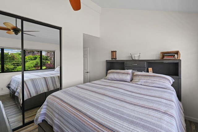 bedroom featuring lofted ceiling and ceiling fan