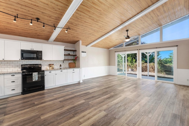 kitchen with hardwood / wood-style flooring, white cabinetry, ceiling fan, and black appliances