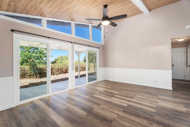 spare room with ceiling fan, high vaulted ceiling, wooden ceiling, beamed ceiling, and dark hardwood / wood-style floors