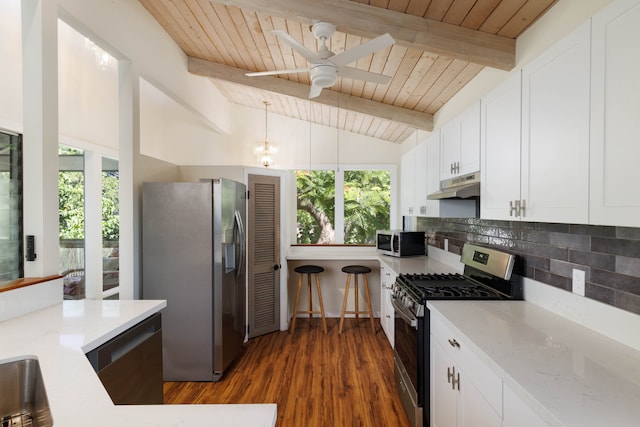 kitchen with a healthy amount of sunlight, appliances with stainless steel finishes, ceiling fan, and vaulted ceiling with beams