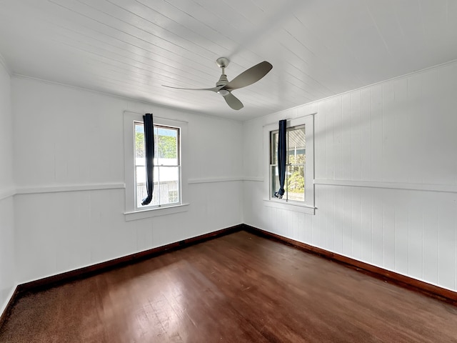 unfurnished room featuring a wealth of natural light, ceiling fan, and dark wood-type flooring