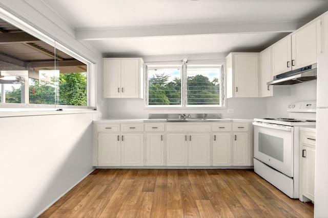 kitchen with beam ceiling, white range with electric stovetop, white cabinets, and light hardwood / wood-style flooring