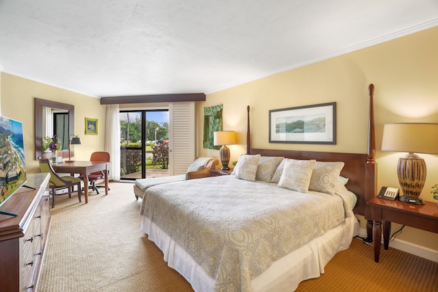 bedroom featuring access to outside, carpet, and ornamental molding