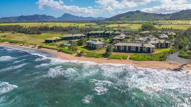 bird's eye view featuring a beach view and a water and mountain view