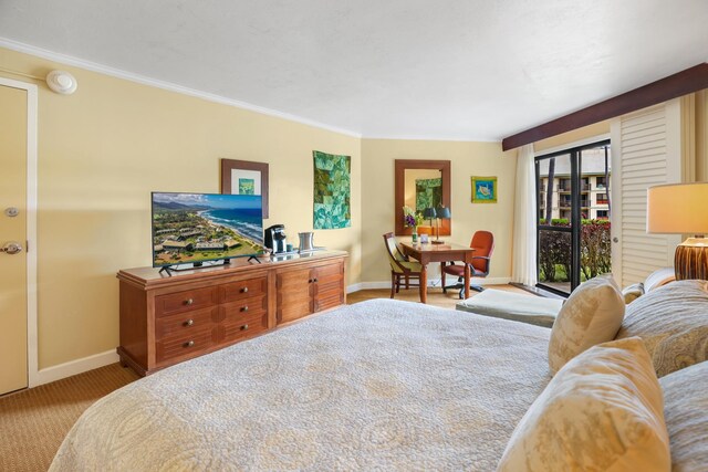 bedroom with light colored carpet and access to exterior