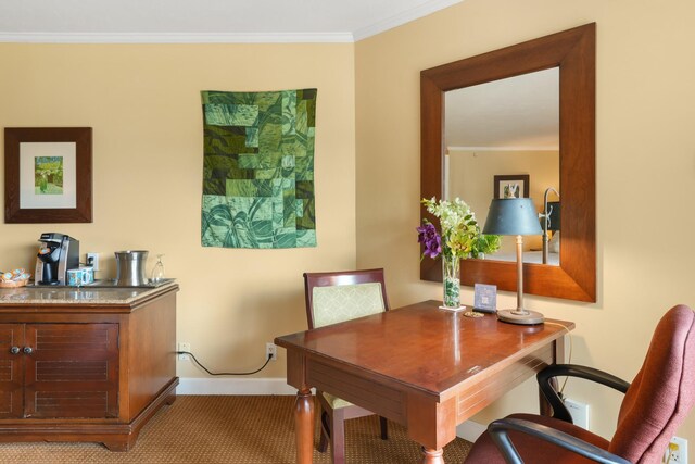 office area featuring carpet floors and crown molding