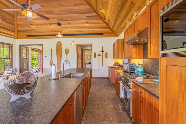 kitchen featuring dark tile patterned floors, stainless steel appliances, wood ceiling, sink, and decorative backsplash