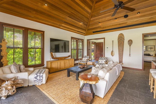 living room featuring granite finish floor, wood ceiling, baseboards, and recessed lighting