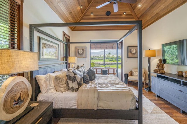 bedroom with high vaulted ceiling, wooden ceiling, and wood finished floors