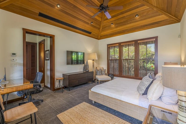 bedroom with wooden ceiling, baseboards, vaulted ceiling, and recessed lighting