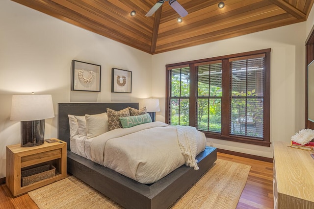 bedroom featuring wooden ceiling, wood finished floors, a ceiling fan, baseboards, and vaulted ceiling