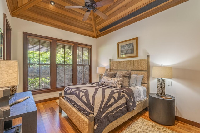 bedroom with wooden ceiling, baseboards, and wood finished floors