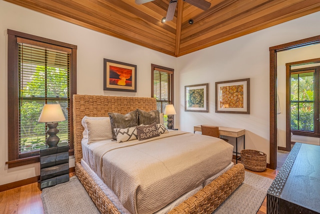 bedroom featuring wood ceiling, multiple windows, ceiling fan, and wood-type flooring