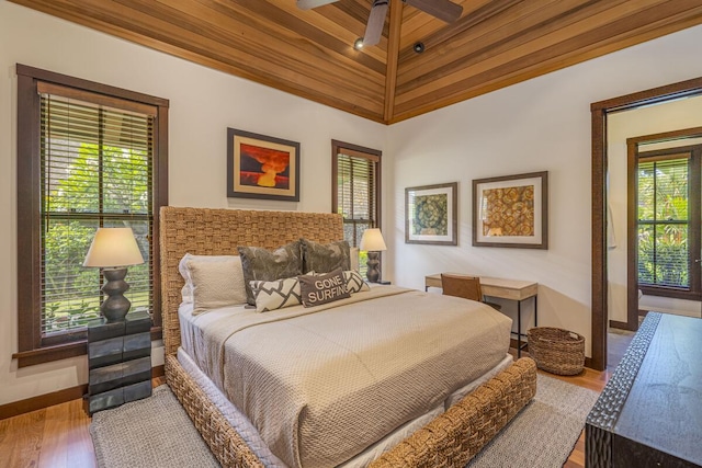 bedroom featuring wooden ceiling, baseboards, and wood finished floors