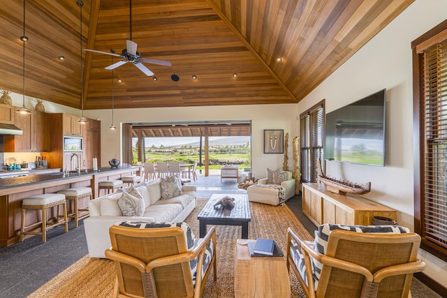 living room with high vaulted ceiling, wooden ceiling, and a ceiling fan