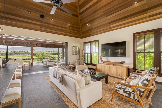 living room featuring high vaulted ceiling, recessed lighting, wooden ceiling, and ceiling fan