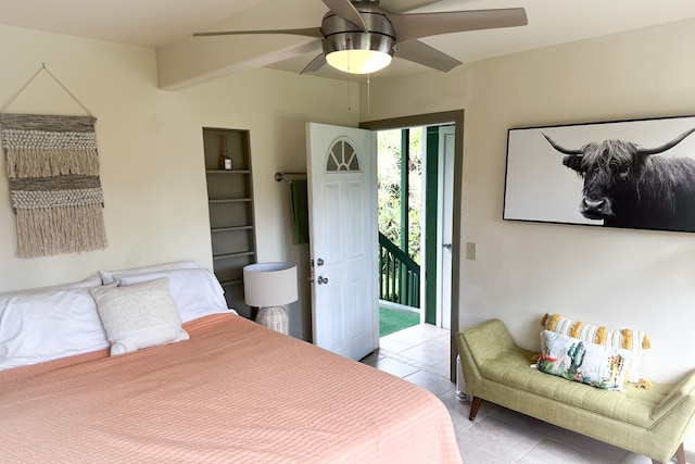 tiled bedroom with access to exterior and ceiling fan