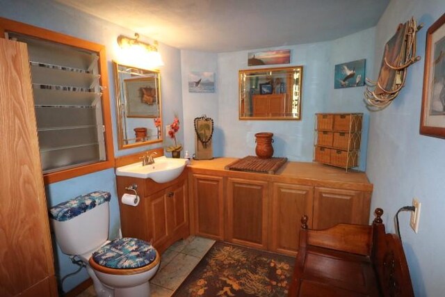 bathroom featuring vanity, tile patterned floors, and toilet