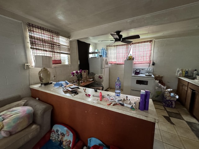 interior space featuring ceiling fan and white appliances