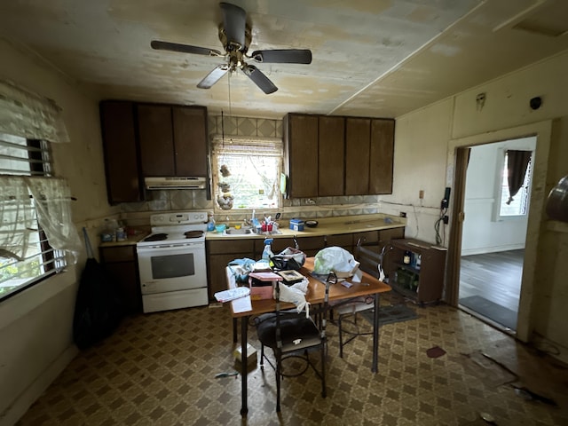 kitchen with ceiling fan and white electric range oven