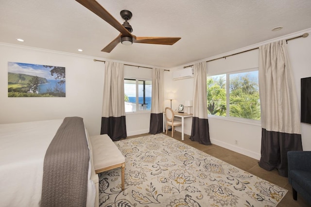 tiled bedroom with crown molding, ceiling fan, a wall mounted AC, and a textured ceiling