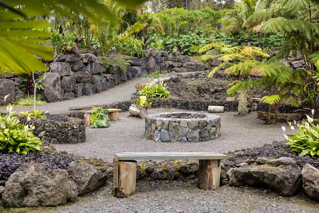 view of property's community with a fire pit