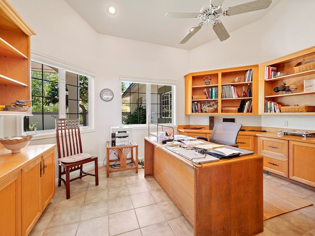 tiled office space with french doors, vaulted ceiling, and ceiling fan