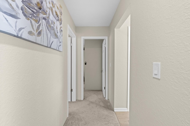 hallway with light carpet and a textured wall