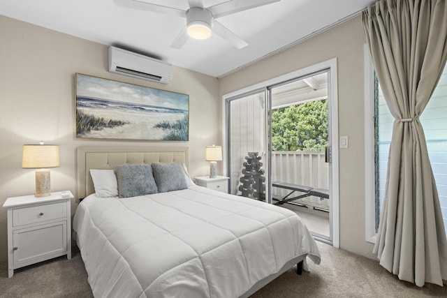 bedroom with an AC wall unit, dark colored carpet, a ceiling fan, and access to exterior