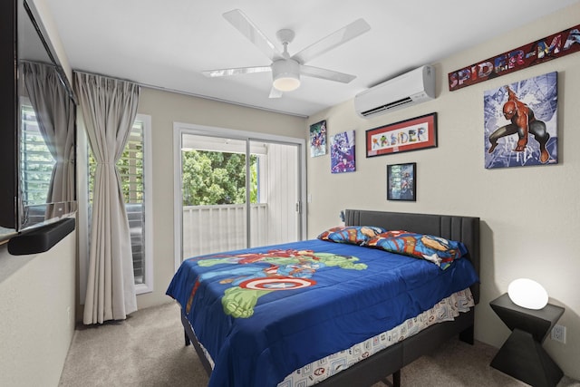 bedroom with carpet floors, a ceiling fan, and a wall mounted AC