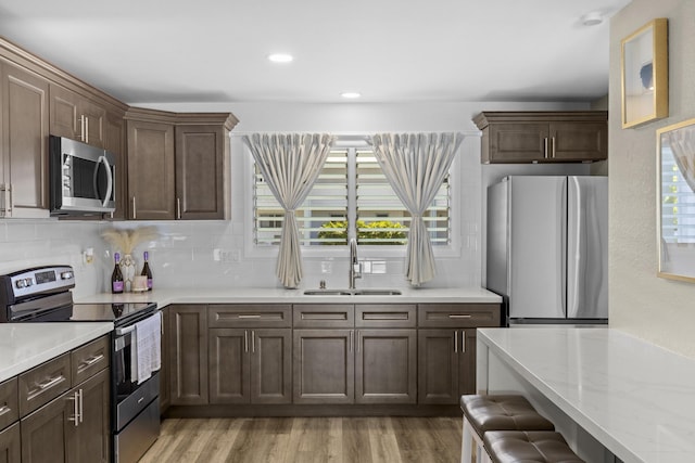 kitchen featuring tasteful backsplash, a sink, stainless steel appliances, light wood-style floors, and a wealth of natural light