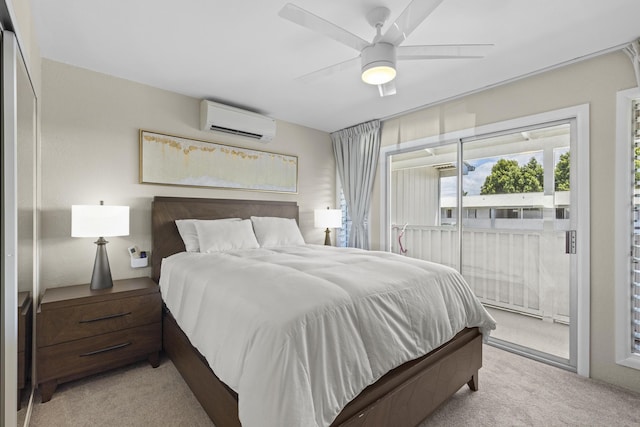 bedroom with ceiling fan, access to outside, a wall mounted air conditioner, and light colored carpet