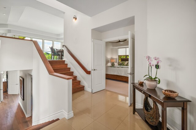 interior space with light wood-type flooring and ceiling fan