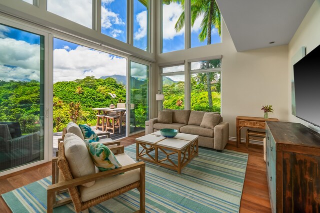 living room with a healthy amount of sunlight, dark hardwood / wood-style floors, and a high ceiling