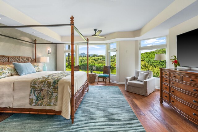 bedroom with multiple windows, dark hardwood / wood-style floors, and ceiling fan