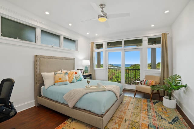 bedroom featuring access to outside, ceiling fan, and hardwood / wood-style flooring