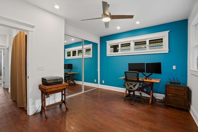 office area with ceiling fan, hardwood / wood-style flooring, and a wealth of natural light