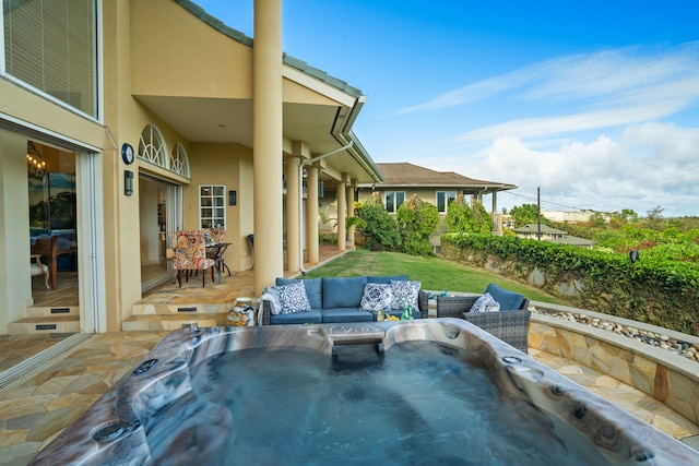 view of swimming pool featuring a patio area, outdoor lounge area, and a hot tub