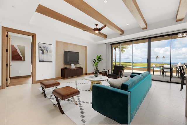 tiled living room featuring ceiling fan and beamed ceiling