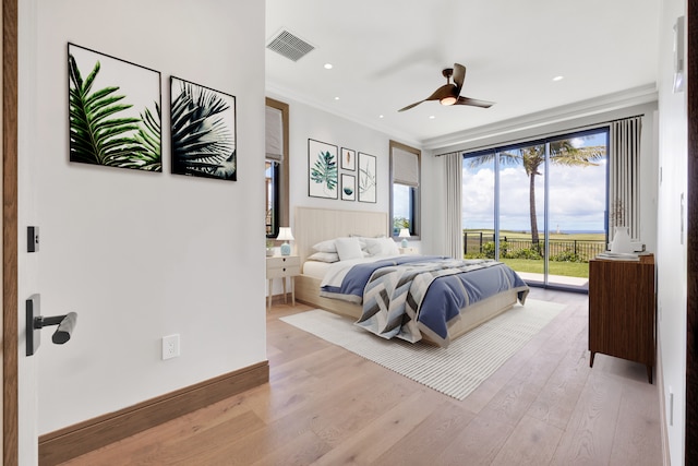 bedroom with ceiling fan, light hardwood / wood-style floors, access to exterior, and ornamental molding